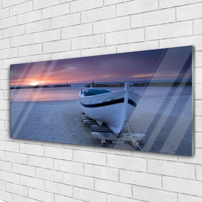 Plexiglas® Wall Art Boat beach sea sun landscape white black yellow grey