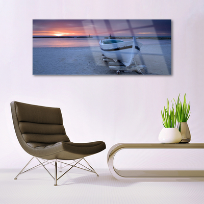 Plexiglas® Wall Art Boat beach sea sun landscape white black yellow grey