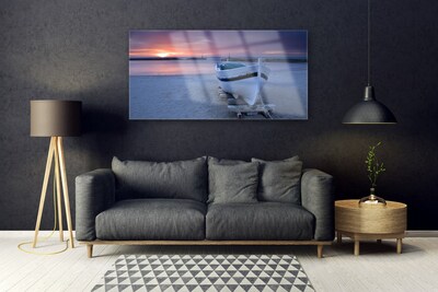 Plexiglas® Wall Art Boat beach sea sun landscape white black yellow grey