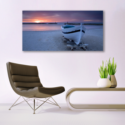 Plexiglas® Wall Art Boat beach sea sun landscape white black yellow grey