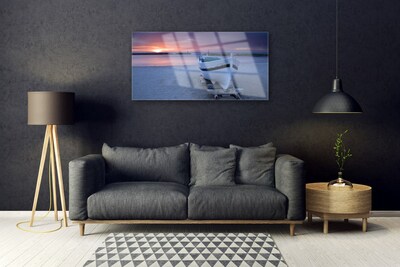 Plexiglas® Wall Art Boat beach sea sun landscape white black yellow grey