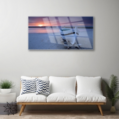 Plexiglas® Wall Art Boat beach sea sun landscape white black yellow grey