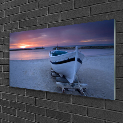 Plexiglas® Wall Art Boat beach sea sun landscape white black yellow grey