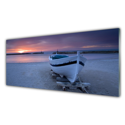 Plexiglas® Wall Art Boat beach sea sun landscape white black yellow grey