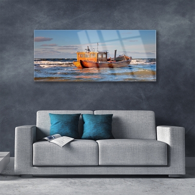 Plexiglas® Wall Art Boat sea landscape yellow green blue