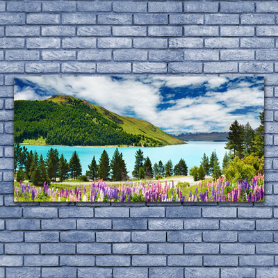 Plexiglas® Wall Art Mountain forest lake meadow landscape green blue purple pink