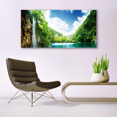 Plexiglas® Wall Art Mountain forest lake nature brown green blue