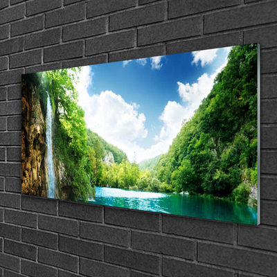 Plexiglas® Wall Art Mountain forest lake nature brown green blue