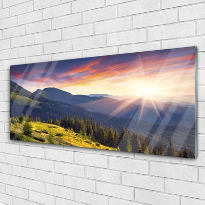 Plexiglas® Wall Art Mountain forest sun landscape blue green yellow