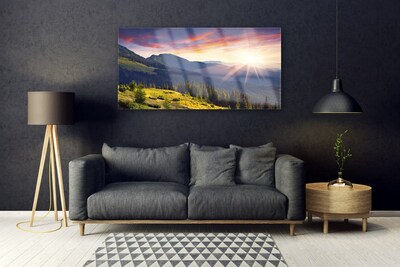 Plexiglas® Wall Art Mountain forest sun landscape blue green yellow