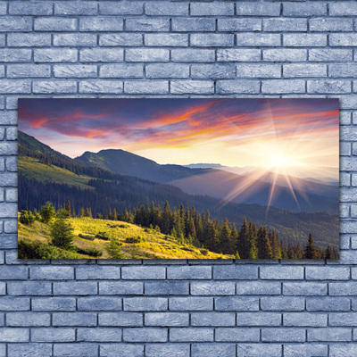 Plexiglas® Wall Art Mountain forest sun landscape blue green yellow