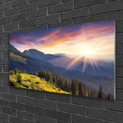 Plexiglas® Wall Art Mountain forest sun landscape blue green yellow