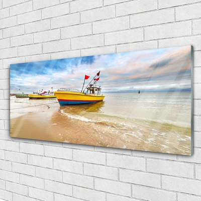 Plexiglas® Wall Art Boats beach sea landscape brown green red blue