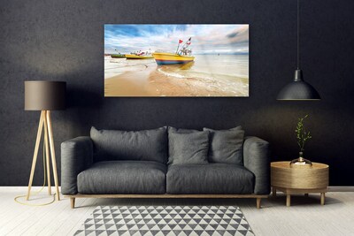 Plexiglas® Wall Art Boats beach sea landscape brown green red blue