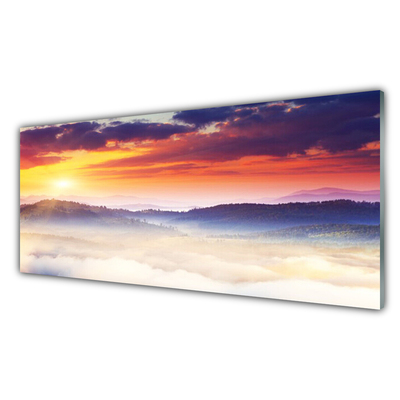 Plexiglas® Wall Art Mountain sun landscape yellow purple white