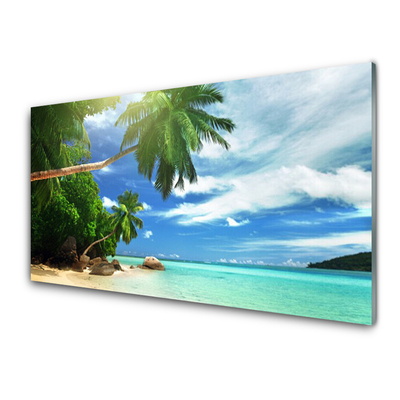 Plexiglas® Wall Art Palm tree beach sea landscape brown green blue