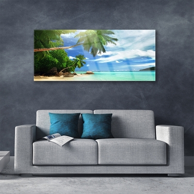 Plexiglas® Wall Art Palm tree beach sea landscape brown green blue