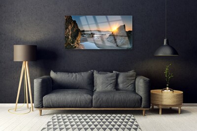 Plexiglas® Wall Art Rock beach sun landscape grey brown yellow