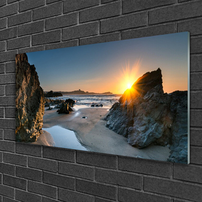 Plexiglas® Wall Art Rock beach sun landscape grey brown yellow