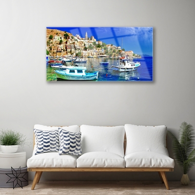 Plexiglas® Wall Art Boats city sea landscape blue white brown green