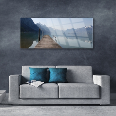 Plexiglas® Wall Art Mountains lake bridge architecture grey green brown