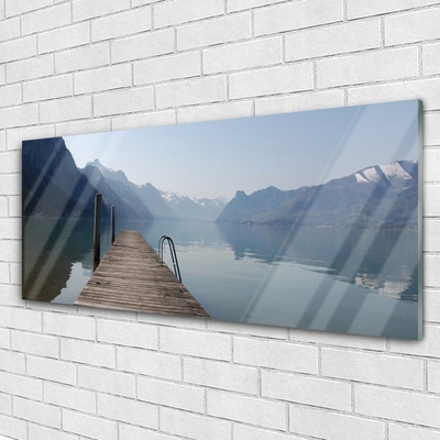 Plexiglas® Wall Art Mountains lake bridge architecture grey green brown