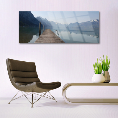 Plexiglas® Wall Art Mountains lake bridge architecture grey green brown