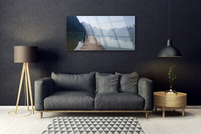 Plexiglas® Wall Art Mountains lake bridge architecture grey green brown