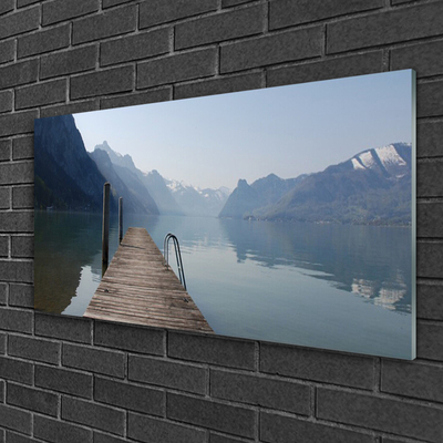 Plexiglas® Wall Art Mountains lake bridge architecture grey green brown