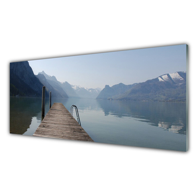 Plexiglas® Wall Art Mountains lake bridge architecture grey green brown