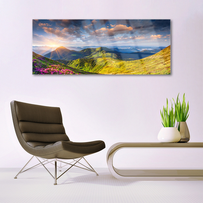 Plexiglas® Wall Art Mountain sun meadow landscape yellow grey blue green