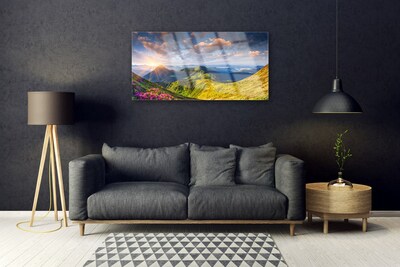 Plexiglas® Wall Art Mountain sun meadow landscape yellow grey blue green