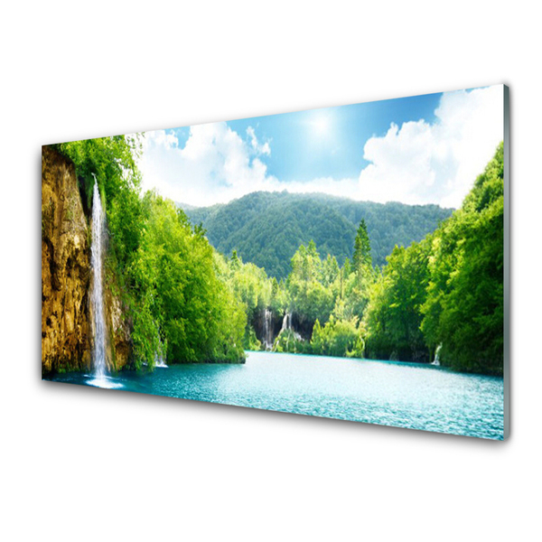Plexiglas® Wall Art Mountain forest lake landscape brown green blue
