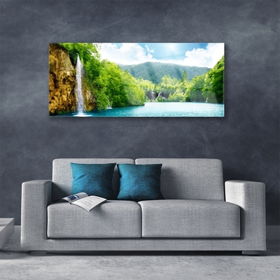 Plexiglas® Wall Art Mountain forest lake landscape brown green blue