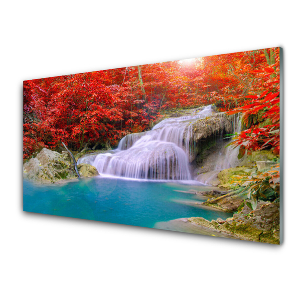 Plexiglas® Wall Art Waterfall lake forest nature white blue orange
