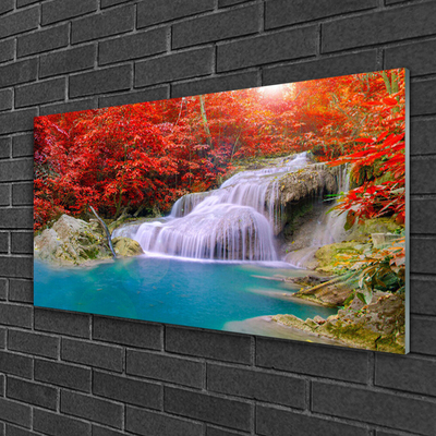 Plexiglas® Wall Art Waterfall lake forest nature white blue orange