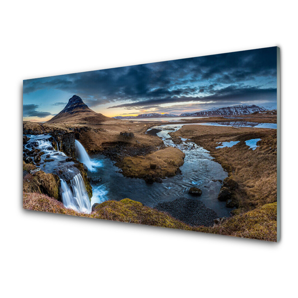 Plexiglas® Wall Art Mountains waterfall lake landscape blue grey green white