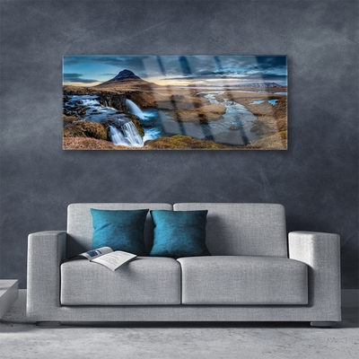 Plexiglas® Wall Art Mountains waterfall lake landscape blue grey green white