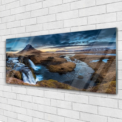 Plexiglas® Wall Art Mountains waterfall lake landscape blue grey green white