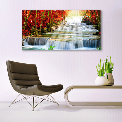 Plexiglas® Wall Art Waterfall forest nature green orange blue white