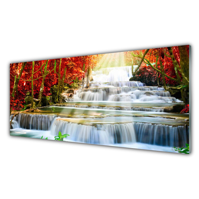 Plexiglas® Wall Art Waterfall forest nature green orange blue white