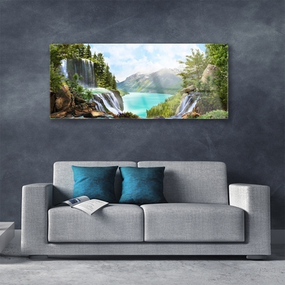 Plexiglas® Wall Art Mountain bay waterfall nature grey blue green brown