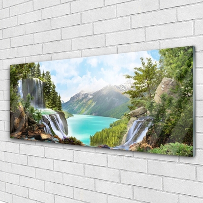 Plexiglas® Wall Art Mountain bay waterfall nature grey blue green brown