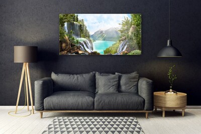 Plexiglas® Wall Art Mountain bay waterfall nature grey blue green brown