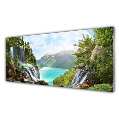 Plexiglas® Wall Art Mountain bay waterfall nature grey blue green brown