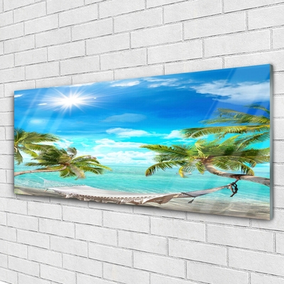 Plexiglas® Wall Art Sun sea palm hammock landscape white blue brown white