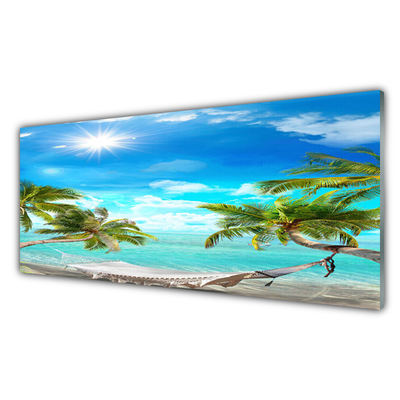 Plexiglas® Wall Art Sun sea palm hammock landscape white blue brown white