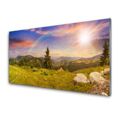 Plexiglas® Wall Art Sun mountains meadow stones nature yellow green brown