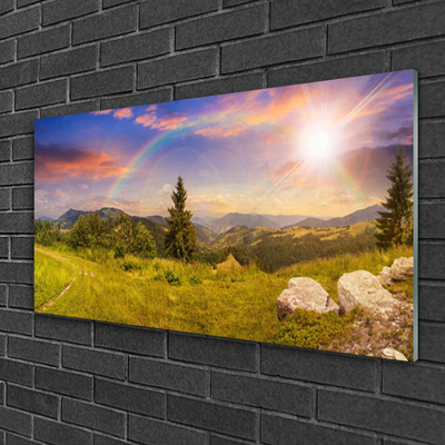 Plexiglas® Wall Art Sun mountains meadow stones nature yellow green brown