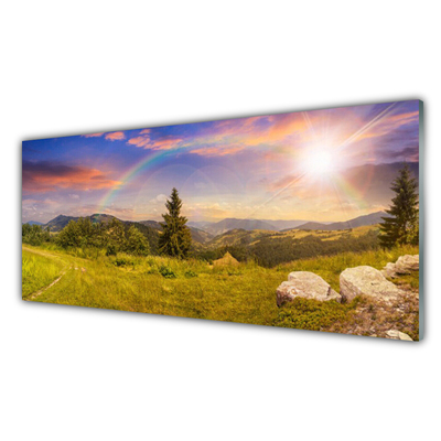 Plexiglas® Wall Art Sun mountains meadow stones nature yellow green brown